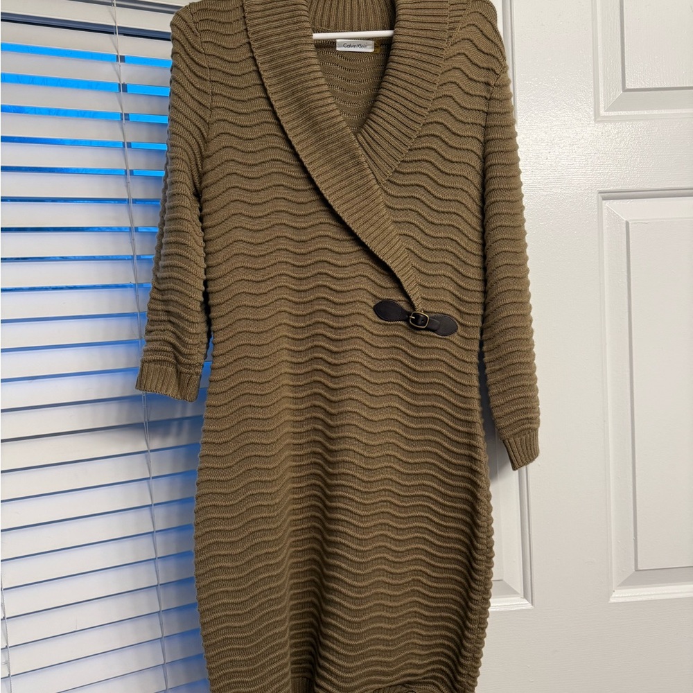 Calvin Klein Khaki Textured Long Sleeve Dress